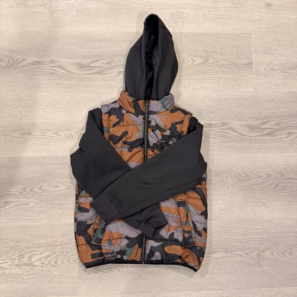 Timberland Boys’ Camo Puffer Vest Jacket w/ Hood & Fleece Sleeves Size M (10/12) - Picture 2 of 5